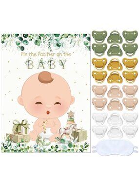 Pin The Pacifier Baby Shower Game Sage Green Poster Stickers Blindfold Set